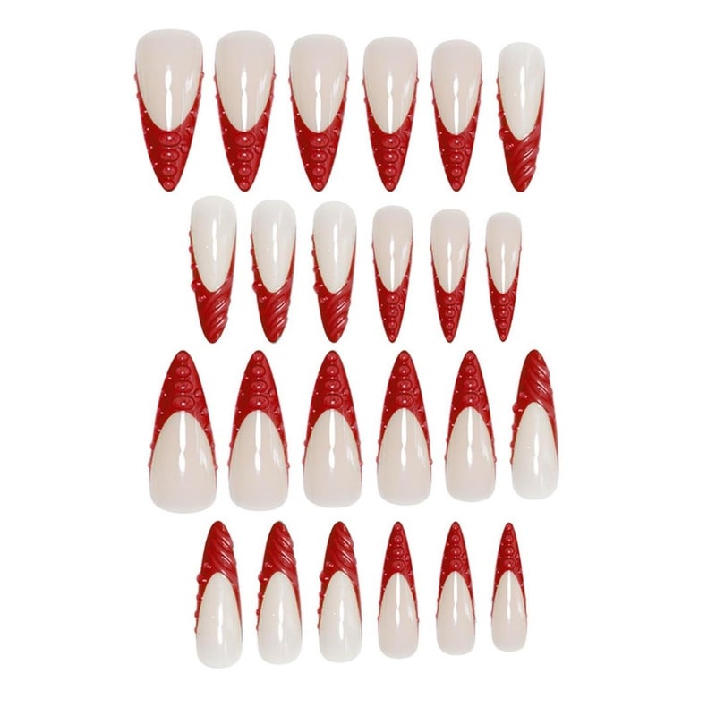 SEENEEY Long Press on Nails Stiletto Fake Nails Red French Artificial Nails with 3D Water Droplets Designs Extra Long Glossy Cute Stick on Nail for Women 24pcs - Image 4